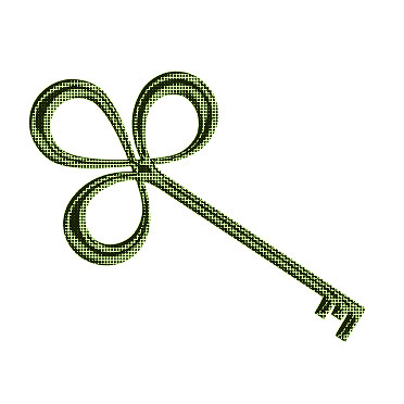 Green pixelated key with a clover-shaped bow on a black background.