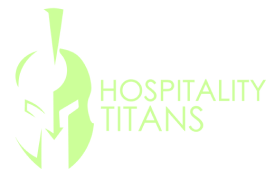 Logo for Hospitality Titans featuring a stylized gladiator helmet facing right next to the text 'HOSPITALITY TITANS'.